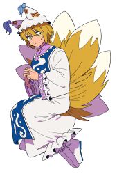  1girl animal_hat blonde_hair blue_tabard boots closed_mouth commentary_request dress fox_tail full_body hat highres kitsune long_sleeves looking_at_viewer mob_cap multiple_tails orange555_555 short_hair simple_background solo tabard tail touhou white_background white_boots white_dress white_hat wide_sleeves yakumo_ran yellow_eyes 