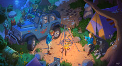  1boy 1girl 6+others artist_name bad_source black_pants blonde_hair blue_hoodie brown_pants camping car commentary contemporary dated english_commentary fire fireplace flower forest grass heart highres hood hood_down hoodie korok lake link long_hair medium_hair minze motor_vehicle multiple_others nature on_rock outdoors pants pointy_ears princess_zelda rock shadow sidelocks silent_princess sitting statue tent the_legend_of_zelda the_legend_of_zelda:_breath_of_the_wild the_legend_of_zelda:_twilight_princess treasure_chest tree triforce water wolf wolf_link 