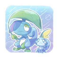  blue_background blue_eyes blue_outline border bright_pupils ci_spl closed_mouth drizzile frown gradient_background half-closed_eyes hand_up holding holding_leaf leaf leaf_umbrella no_humans one_eye_covered outline pokemon pokemon_(creature) pokemon_focus purple_background rain sobble standing white_border white_outline white_pupils 