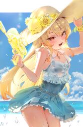  1girl :d absurdres adjusting_clothes adjusting_headwear blonde_hair blue_one-piece_swimsuit blue_sky brown_eyes changlincl chinese_commentary clouds commentary_request covered_navel day flower flower_wristband hands_up hat highres holding holding_water_gun hololive hololive_dev_is hololive_dreams long_hair looking_at_viewer musical_note_necklace ocean official_alternate_costume one-piece_swimsuit open_mouth otonose_kanade otonose_kanade_(breezy_smile_chords) outdoors sandals sidelocks sky smile solo sun_hat sunflower swimsuit teeth upper_teeth_only very_long_hair virtual_youtuber water_gun white_sandals 