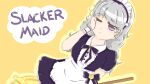  1girl apron armband bored grey_hair maid maid_apron maid_headdress purple_ribbon ribbon rubbing_eyes violet_eyes vivi vividly yellow_background 