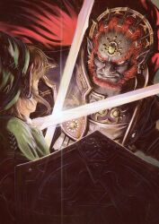  2boys battle champion's_tunic_(zelda) clash commentary crossed_swords duel english_commentary fighting fighting_stance ganondorf gerudo green_tunic highres holding holding_shield holding_sword holding_weapon hylian_shield link master_sword max58art multiple_boys pointy_ears shield sword sword_clash sword_fight the_legend_of_zelda the_legend_of_zelda:_twilight_princess triforce tunic weapon 
