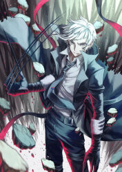  1boy 1hara_nobu asymmetrical_bangs belt black_belt black_coat black_gloves black_necktie black_pants blunt_bangs blunt_ends bob_cut bungou_stray_dogs buttons clawed_gloves closed_mouth coat collared_shirt commentary_request cowboy_shot dress_shirt facial_mark gloves highres long_sleeves looking_at_viewer loose_necktie male_focus nakajima_atsushi_(bungou_stray_dogs) necktie nose pants partially_unbuttoned popped_collar shirt short_hair sidelocks sleeves_pushed_up solo tie_clip torn_clothes torn_coat very_long_claws white_shirt wind wing_collar yellow_eyes 
