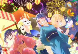  4girls aerial_fireworks aoki_ruri bag black_eyes black_hair blonde_hair blue_hair blue_kimono bob_cut brown_eyes candy_apple commentary cotton_candy dragon_girl dragon_horns dujianchuang dutch_angle fireworks fish floral_print floral_print_kimono food food_stand fox_mask goldfish hagiwara_yuka hand_fan handbag highres holding holding_cotton_candy holding_food holding_hands horns japanese_clothes kashiro_airi kimono lantern long_hair maeda_akari_(ruridragon) mask mask_on_head medium_hair mountain multiple_girls night open_mouth outdoors pink_kimono print_kimono red_eyes ruridragon sky slit_pupils smile summer_festival torii twintails 