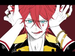  1boy :d adam's_apple aegyo_sal amagi_rinne blue_eyes bracelet chain chain_bracelet commentary covering_own_ears crossed_bangs derivative_work dorsiflexion_(wrist) english_commentary ensemble_stars! facial_mark flat_color frown gold_bracelet gold_ring hair_between_eyes half-closed_eye hands_up highres index_ring jewelry kujirakko letterboxed licking_lips lipstick long_hair looking_at_viewer makeup male_focus mark_under_eye mixed-language_commentary multiple_bracelets multiple_rings open_mouth parody portrait raised_eyebrows red_background red_hair ring simple_background smeared_lipstick smile solo straight-on teardrop_facial_mark teeth three-quarter_sleeves tongue tongue_out twitter_username uneven_eyes v-shaped_eyebrows variant_set very_long_hair villain_(vocaloid) 