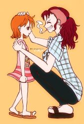  2girls adoptive_parent_and_adoptive_child aged_down bellemere black_pants blue_shirt breasts brown_eyes brown_sandals child cigarette closed_eyes closed_mouth commentary_request dress eyelashes from_side grin hand_on_another's_head hand_on_another's_shoulder highres kiakawatsuji long_hair mohawk mother_and_child mother_and_daughter multiple_girls nami_(one_piece) one_piece orange_background orange_hair orange_sandals pants parent_and_child pink_dress ponytail red_hair sandals shirt short_hair short_sleeves sidelocks simple_background sleeveless sleeveless_dress smile smoking squatting teeth twitter_username 