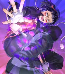  1girl audio_jack black_boots black_eyes black_hair black_jacket blunt_bangs boku_no_hero_academia boots facial_mark fingerless_gloves gloves headphones highres jacket jiro_kyoka light_rays long_earlobes looking_at_viewer oukasakata pants pink_shirt shirt short_hair signature smile speaker 