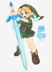  1boy 1girl absurdres arms_up artist_logo artist_name belt belt_buckle blonde_hair blue_eyes boots brown_belt brown_boots buckle collared_tunic commentary curtained_hair english_commentary fairy feathers full_body glowing glowing_sword glowing_weapon green_hat green_shorts green_tunic grey_background hat highres holding holding_sword holding_weapon knifecat leather leather_belt leather_boots link logo looking_ahead male_focus master_sword navi open_mouth phrygian_cap pointy_ears short_hair short_sleeves shorts sidelocks simple_background solo_focus sword teeth the_legend_of_zelda the_legend_of_zelda:_ocarina_of_time the_legend_of_zelda:_ocarina_of_time_(remake) thick_eyebrows tunic upper_teeth_only weapon young_link 