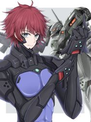 1boy absurdres adjusting_clothes adjusting_gloves armored_bodysuit assault_visor black_gloves bodysuit border chin_guard closed_mouth commentary_request covered_abs east_germany fanart fingerless_gloves fortified_suit gloves gorget green_eyes grey_background gun hair_between_eyes highres holding holding_gun holding_shield holding_weapon impossible_bodysuit impossible_clothes looking_at_viewer machine_gun male_focus mecha mecha_pilot_suit mig-21_balalaika_(muv-luv) muv-luv muv-luv_alternative muvluv nationale_volksarmee orange_assault_visor outside_border projected_inset radio_antenna red_hair robot schwarzesmarken science_fiction shield short_hair shoulder_guard simple_background sin_sin_shinji skin_tight solo swept_bangs tactical_surface_fighter theodor_edelbach toned toned_male upper_body weapon white_border wispy_bangs