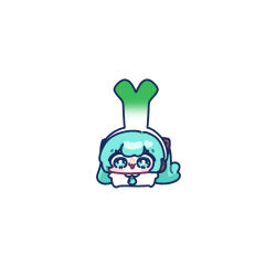  1girl :3 :d blue_eyes blue_hair blue_necktie blush_stickers bright_pupils chibi chibi_only double-parted_bangs full_body hatsune_miku headphones highres long_hair necktie negative_space open_mouth simple_background smile solo spring_onion standing twintails very_long_hair vocaloid white_background white_pupils yananang 