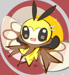  artist_name blush brown_eyes bug colored_skin commentary_request looking_at_viewer no_humans nose_blush open_mouth pokemon pokemon_(creature) pokemon_focus red_background ribombee sanusanu signature smile solo sparkle yellow_skin 