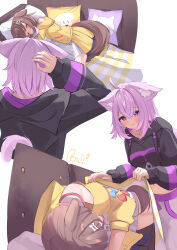  2girls absurdres ahoge animal_ear_fluff animal_ears blush bone_hair_ornament brown_hair brown_tail cat_ears cat_girl cat_tail closed_eyes closed_mouth commentary_request covering_with_blanket dog_ears dog_girl dog_tail dress food_print hair_ornament highres hololive hood hoodie inugami_korone inugami_korone_(1st_costume) jacket medium_hair multiple_girls nekomata_okayu nekomata_okayu_(1st_costume) onigiri_print purple_hair purple_hoodie purple_tail reitou_mkn sleeping smile tail violet_eyes virtual_youtuber white_dress yellow_jacket 