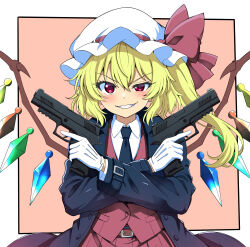  1girl alternate_costume belt black_coat blonde_hair bow brown_belt coat collared_shirt commentary_request crystal crystal_wings dual_wielding flandre_scarlet gloves grin gun hair_between_eyes handgun hat hat_bow highres holding long_sleeves looking_at_viewer mob_cap necktie new_kamiyan one_side_up open_clothes open_coat open_mouth red_bow red_eyes red_skirt red_vest sharp_teeth shirt sig_sauer sig_sauer_p320 sketch skirt smile solo teeth touhou uneven_eyes vest weapon white_gloves white_hat wings 
