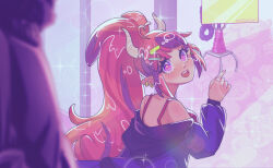  1girl absurdres ahoge crane_game demon_girl demon_horns earrings hair_ornament heart heart_ahoge highres horns ironmouse jacket jewelry long_hair looking_back multicolored_hair ohyasumimi open_mouth pink_hair pointy_ears ponytail purple_hair purple_jacket purple_streaks streaked_hair violet_eyes virtual_youtuber white_horns 