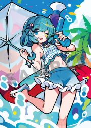  1girl blue_skirt blue_sky blue_tank_top commentary_request highres holding holding_toy holding_umbrella kurumitsu miniskirt navel one_eye_closed palm_tree sandals skirt sky solo standing standing_on_one_leg tank_top tatara_kogasa touhou toy tree two-tone_tank_top umbrella water_drop water_gun white_sandals white_tank_top 