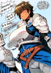  1boy 1girl absurdres armor belt black_eyes black_giraffe black_hair blue_cape blue_shirt breastplate burn_scar cape commentary cross_scar dark-skinned_female dark_skin english_commentary fleur-de-lis gauntlets greaves hair_over_one_eye helm helmet highres holding holding_sword holding_weapon knight mature_female medieval original pants pauldrons plate_armor scar scar_across_eye scar_on_face scar_on_nose shirt short_hair shoulder_armor speech_bubble sword tall_female thought_bubble tomboy weapon white_pants 