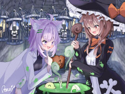  2girls :3 :d absurdres alchemy animal_ear_fluff animal_ears black_robe blush bow braid brown_hair cage cat_ears cat_girl cauldron commentary_request dog_ears dog_girl dress fang frilled_hat frills gloom_(expression) hair_ornament hairclip hat hat_bow highres hololive in_cage in_cauldron inugami_korone lab_coat leaning_forward listener_(inugami_korone) long_hair low_twin_braids mad_scientist medium_hair meme multiple_girls nekomata_okayu onigirya_(nekomata_okayu) open_mouth orange_bow parallel_hairclips purple_hair reitou_mkn robe smile stirring terminator_(series) terminator_2:_judgment_day twin_braids v virtual_youtuber white_dress witch_hat 