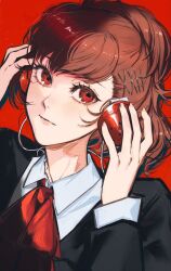  1girl black_jacket bow bowtie brown_hair collared_shirt commentary dodo_(dodobo) gekkoukan_high_school_uniform hair_ornament hands_on_headphones headphones highres jacket looking_at_viewer megami_tensei number_hair_ornament persona persona_3 persona_3_portable portrait red_background red_bow red_bowtie red_eyes school_uniform shiomi_kotone shirt simple_background smile solo white_shirt 