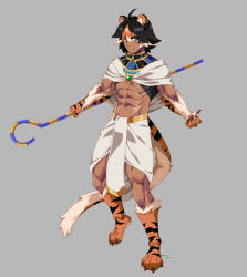  1boy abs ancient_egyptian_clothes animal_ears animal_hands commentary dark-skinned_male dark_skin djed_of_osiris frost_works full_body highres loincloth monster_boy multicolored_hair muscular muscular_male pawpads reddgeist solo staff tail tiger_boy tiger_ears tiger_paws tiger_tail toned toned_male 