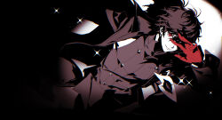  1boy amamiya_ren black_hair black_jacket commentary cowboy_shot doran_(doran7280) gloves greyscale highres jacket joker_(persona_5) looking_at_viewer mask megami_tensei messy_hair monochrome open_clothes open_jacket persona persona_5 red_eyes red_gloves short_hair silhouette solo spot_color spotlight unworn_mask 