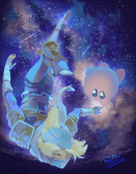  1girl assemblerones bandana blonde_hair blue_eyes bodysuit braid bright_pupils commentary_request fingerless_gloves full_body gloves highres kirby kirby_(series) reverse_trap sheik shooting_star signature sky star_(sky) starry_sky the_legend_of_zelda the_legend_of_zelda:_ocarina_of_time white_pupils 