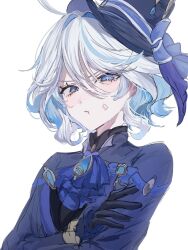  1girl ahoge anger_vein angry ascot black_gloves black_shirt blue_ascot blue_bow blue_eyes blue_gem blue_hair blue_hat blue_jacket blue_pupils bow breasts closed_mouth colored_inner_hair commentary crossed_arms drill_hair drill_sidelocks drop-shaped_pupils eyelashes furina_(genshin_impact) gem genshin_impact gloves grumpy hair_between_eyes hat hat_bow hat_ornament heterochromia huge_ahoge jacket jewelry lapels long_hair_between_eyes long_sleeves looking_at_viewer medium_breasts mismatched_pupils multicolored_hair open_clothes open_jacket oshiruko0625 pendant pout shirt short_hair sidelocks simple_background solo symbol-shaped_pupils tearing_up top_hat two-tone_hair upper_body v-shaped_eyebrows white_background white_hair 