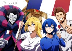  2boys 2girls absurdres black_eyes black_hair blonde_hair blue_eyes blue_hair blue_shirt braid breasts brown_eyes brown_hair casual ciel_(tsukihime) collared_shirt colored_skin country_connection facial_hair fate/apocrypha fate/zero fate_(series) flag french_flag gilles_de_rais_(caster)_(fate) gilles_de_rais_(fate) goatee hair_between_eyes highres holding holding_flag jeanne_d'arc_(fate) large_breasts linus208 long_hair long_sideburns long_sleeves looking_at_viewer mature_male multiple_boys multiple_girls napoleon_bonaparte_(fate) shirt short_hair sideburns single_braid smile standard_bearer teeth thumbs_up trait_connection tsukihime very_long_braid very_long_hair white_shirt white_skin 