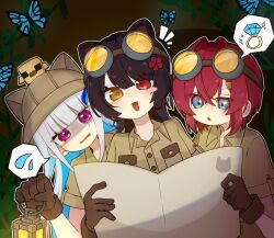  3girls :3 :d akuriru0000 alternate_costume ange_katrina animal_ear_helmet animal_ears animal_helmet animal_on_head bird bird_on_head blue_butterfly blue_eyes blue_hair blush_stickers brown_gloves brown_hair brown_helmet brown_shirt bug butterfly collared_shirt colored_inner_hair commentary_request crossed_bangs diamond_(gemstone) diamond_ring dog_ears flower flying_sweatdrops gloves goggles goggles_on_head hair_between_eyes hair_flower hair_intakes hair_ornament hand_up helmet heterochromia highres holding holding_lantern inui_toko jewelry lantern lize_helesta long_hair looking_at_object medium_hair multicolored_hair multiple_girls nijisanji notice_lines on_head open_mouth ornate_ring outline pith_helmet reading red_eyes red_hair ring sanbaka_(nijisanji) scared sebastian_piyodore shaded_face shirt short_sleeves sidelocks single_blush_sticker smile speech_bubble spoken_flying_sweatdrops spoken_object tearing_up textless_version tinted_eyewear turn_pale two-tone_hair variant_set violet_eyes virtual_youtuber white_hair white_outline yellow-tinted_eyewear yellow_eyes 