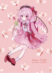  1girl absurdres alternate_color alternate_costume alternate_hair_color alternate_headwear backpack bag bow brown_hat commentary_request crystal_wings flandre_scarlet flandre_scarlet_(vibrant_sister_of_the_devil) floral_background flower full_body hat hat_bow highres holding holding_flower long_hair long_sleeves looking_at_viewer neck_ribbon open_mouth pink_background pink_bag pink_eyes pink_flower pink_hair pink_skirt pink_tulip pink_wings randoseru red_bow red_eyes red_ribbon red_shoes ribbon school_uniform shirt shoes simple_background skirt socks solo tamagogayu1998 touhou touhou_lostword tulip upper_body white_shirt white_socks wings 