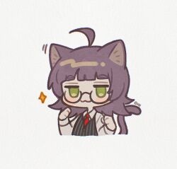  1boy :3 animal_ears black_vest blush_stickers cat_boy cat_ears cat_tail closed_mouth collared_shirt commentary_request glasses green_eyes hn_(168x165_jj) jack_jeanne kemonomimi_mode male_focus necktie neji_kokuto paw_pose red_necktie semi-rimless_eyewear shirt solo sparkle tail under-rim_eyewear vest white_shirt 