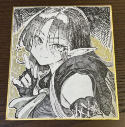  1girl archer_(navigavi) breasts closed_mouth commentary_request elf eyelashes eyes_visible_through_hair fantasy fingerless_gloves from_side gloves hair_between_eyes hand_up highres hood hood_down hoodie index_finger_raised jun_(navigavi) large_breasts long_hair looking_at_viewer monochrome original photo_(medium) pointy_ears portrait scarf simple_background sleeveless sleeveless_hoodie smile solo sparkle spot_color traditional_media 