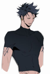  1boy arm_tattoo black_hair black_shirt closed_mouth covered_collarbone covered_pectorals earrings facial_hair goatee jewelry law106g male_focus one_piece pectorals shirt short_hair sideburns solo tattoo tight_clothes tight_shirt trafalgar_law turtleneck turtleneck_shirt upper_body white_background 