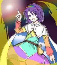 1girl absurdres cape commentary_request dress hairband highres long_sleeves looking_at_viewer multicolored_dress multicolored_hairband oldyazhi open_mouth patchwork_clothes pointing pointing_down pointing_up purple_hair rainbow_gradient rainbow_hairband sky_print smile solo tenkyuu_chimata tenkyuu_chimata_pose touhou two-sided_cape two-sided_fabric violet_eyes white_cape 