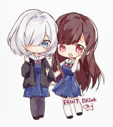  2girls asaka_kaori black_cardigan black_pantyhose blue_dress blue_eyes brown_hair cardigan chibi commentary dress hair_over_one_eye hoshikawa_shizuku kimi_to_tsuzuru_utakata long_hair medium_hair multiple_girls neck_ribbon open_mouth pantyhose red_eyes red_ribbon ribbon sailor_collar school_uniform simple_background untranslatable_commentary white_background white_hair white_sailor_collar yhngw915022 