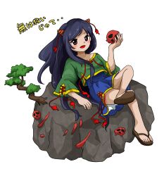  1girl absurdres black_hair blue_shorts blush_stickers commentary_request cone_horns dress flip-flops green_shirt highres horn_ornament horn_ribbon horns kaisouou_konbu long_hair nippaku_zanmu official_style open_mouth parody red_eyes ribbon sandals shirt shorts simple_background sitting skull small_horns smile solo string_around_horn style_parody touhou white_background yellow_horns zun_(style) 
