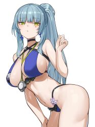 1girl absurdres ass bikini blue_bikini blue_hair breasts commentary_request cowboy_shot cross cross_earrings earrings girls'_frontline_2:_exilium girls_frontline green_eyes halterneck highres hk416_(girls'_frontline) iron_cross jewelry klukai_(girls'_frontline_2) large_breasts long_hair looking_at_viewer navel open_mouth ponytail ringobatake sideboob solo swimsuit 