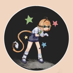  ahoge bandaid blonde_hair blue_overalls commentary dooby gloves goggles_on_eyes green_neckerchief indie_virtual_youtuber jerboa jerboa_tail kobenichiii multicolored_hair neckerchief overalls shirt shoes short_hair smile socks star_(symbol) streaked_hair whistle white_gloves white_shirt 