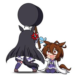  2girls agnes_tachyon_(umamusume) ahoge anger_vein animal_ears black_hair bow brown_shoes coat commentary_request flying_sweatdrops hair_between_eyes hammer highres holding holding_hammer horse_ears horse_girl horse_tail lab_coat looking_at_another manhattan_cafe_(umamusume) multiple_girls open_clothes open_coat purple_sailor_collar purple_serafuku purple_shirt purple_skirt purple_thighhighs red_eyes sailor_collar school_uniform seiza serafuku shirt shoes sitting skirt sleeves_past_fingers sleeves_past_wrists tail thigh-highs tracen_school_uniform umamusume white_bow yurin35699515 