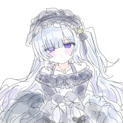  1girl bare_shoulders black_ribbon blue_dress blue_hairband bow closed_mouth collarbone crescent crescent_necklace dot_nose dress dress_bow frilled_dress frilled_hairband frilled_sleeves frills gothic_lolita hair_over_one_eye hair_ribbon hairband highres jewelry lolita_fashion lolita_hairband long_hair long_sleeves looking_at_viewer mahou_shoujo_no_majo_saiban natsume_an-an necklace nnmqmqy off-shoulder_dress off_shoulder ribbon simple_background sleeve_bow sleeves_past_fingers sleeves_past_wrists solo upper_body violet_eyes white_background white_hair wide_sleeves 
