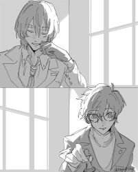  2boys akechi_goro amamiya_ren board_game buttons chess chess_piece closed_eyes collared_shirt commentary_request glasses gloves hair_between_eyes hand_on_own_cheek hand_on_own_face high_collar highres holding holding_chess_piece indoors long_sleeves looking_at_another medium_hair monochrome multiple_boys necktie persona persona_5 playing_chess shadow shiki_(penguin3ka) shirt short_hair smile striped_clothes striped_necktie teeth watermark window 