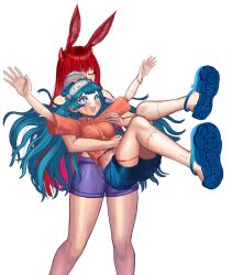  2girls :d absurdres animal_ears aqua_eyes aqua_hair brain closed_eyes crocs cross-shaped_pupils demon_horns exposed_brain highres horns indie_virtual_youtuber long_hair multiple_girls open_mouth rabbit_ears red_hair red_horns reiyonkouzen roomimi shoomimi shorts sleepwear smile symbol-shaped_pupils virtual_youtuber yuri 