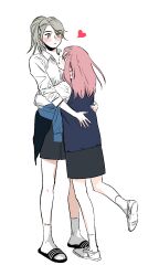  2girls black_sandals black_skirt blue_vest blush character_request closed_mouth clothes_around_waist commentary_request frown full_body girlfriends_(manhwa) grey_hair heart highres hug jacket jacket_around_waist korean_commentary let_ink long_hair multiple_girls orange_eyes pink_hair ponytail sandals shirt shoes skirt sneakers socks vest white_background white_shirt white_shoes white_socks 