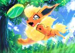  1boy ball clouds commentary dated day falling_leaves fang fetch flareon from_below grass highres irischroma leaf open_mouth outdoors pokemon pokemon_(creature) signature sky tennis_ball tongue tree 