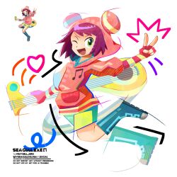  1girl :d ;d absurdres artist_name blue_boots bluesky_username boots buysell_bird commentary elbow_gloves english_commentary fingerless_gloves gloves green_eyes green_shorts guitar heart highres holding holding_guitar holding_instrument hood hood_up hoodie instrument looking_at_viewer mega_man_(series) mega_man_star_force_(series) multicolored_gloves official_art_inset one_eye_closed open_mouth pink_gloves pink_hoodie red_hair short_hair shorts smile solo sonia_strumm_(mega_man) twitter_username two-tone_gloves v white_background yellow_gloves 