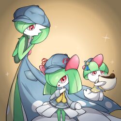  1other 2girls :o beret blue_dress blue_hat blunt_bangs bob_cut bowl_cut child closed_mouth clothed_pokemon coffee colored_skin commentary_request cup dress drink drinking_glass evolutionary_line full_body gardevoir gardevoir_(cafe) green_hair green_skin grey_shirt grey_skirt hair_over_one_eye hand_on_own_chest hand_up hands_up happy hat hat_ornament highres holding holding_cup holding_drink holding_tray kirlia long_dress long_sleeves looking_at_another looking_at_viewer medium_hair mini_hat miniskirt mug multicolored_skin multiple_girls nanairo_(pixiv_116811856) newsboy_cap one_eye_covered open_mouth orange_background own_hands_together pokemon pokemon_(creature) pokemon_unite ralts red_eyes school_uniform shirt short_hair sidelocks simple_background skirt smile sparkle standing sweater_vest tray two-tone_dress two-tone_skin vest waitress white_skin yellow_vest 