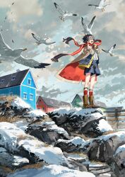  1boy :d animal_on_head bird bird_on_head boots brown_boots building closed_eyes clouds cloudy_sky coat commentary english_commentary fence highres kyouichi male_focus on_head on_rock original red_scarf red_socks scarf scenery seagull shirt shirt_tucked_in shorts sky smile snow socks solo standing white_shirt winter 