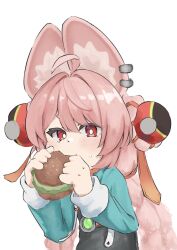  1girl ahoge animal_ear_fluff animal_ear_piercing animal_ears blush braid braided_twintails bright_pupils burger commentary_request eating food furry furry_female hair_ornament highres holding holding_burger holding_food long_hair looking_at_viewer mochimitsu_82 pink_fur pink_hair rabbit_ears rabbit_girl red_eyes simple_background solo sphere_hair_ornament sweatdrop twin_braids upper_body white_background white_pupils zenless_zone_zero zhao_(zenless_zone_zero) 