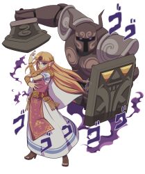  1girl armor belt blonde_hair blue_eyes commentary dress english_commentary fake_horns full_body glowing glowing_eyes helmet high_heels highres horned_helmet horns jojo_no_kimyou_na_bouken jojo_pose little-leandro-show living_armor long_hair menacing_(jojo) parody phantom_(zelda) pink_tabard pointy_ears princess_zelda shoulder_pads stand_(jojo) super_smash_bros. tabard the_legend_of_zelda the_legend_of_zelda:_spirit_tracks toeless_legwear triforce vambraces white_dress 
