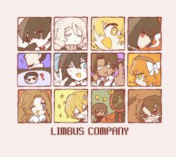 >_< 1other 6+boys 6+girls :< ? black_eyes black_hair black_jacket black_shirt blonde_hair blue_background blue_eyes blush_stickers book border bow brown_background brown_hair brown_hairband brown_sweater bug chibi cigarette clock close-up closed_eyes cockroach collared_shirt commentary cup dante_(limbus_company) dark-skinned_male dark_skin don_quixote_(project_moon) dooooneos english_commentary facial_hair facing_away faust_(project_moon) glasses gregor's_cockroach_(project_moon) gregor_(project_moon) hair_bow hairband heathcliff_(project_moon) highres holding holding_baton holding_book holding_cup hong_lu_(project_moon) ishmael_(project_moon) jacket limbus_company long_hair looking_to_the_side meursault_(project_moon) middle_finger multicolored_hair multiple_boys multiple_girls necktie object_head one_eye_closed open_mouth orange_hair outis_(project_moon) project_moon puff_of_air purple_background reading red_background red_eyes red_hair red_jacket red_necktie rodion_(project_moon) ryoshu_(project_moon) scolding shirt short_hair simple_background sinclair_(project_moon) smile smoking sparkle sparkling_eyes speech_bubble streaked_hair stubble suspenders sweatdrop sweater upper_body waving white_bow white_eyes white_shirt yellow_eyes yi_sang_(project_moon) 