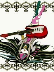  1girl asymmetrical_legwear black_nails black_scrunchie blue_streaks danganronpa_(series) danganronpa_2:_goodbye_despair ear_piercing face_piercing gloves guitar gushagushap hair_horns highres holding holding_guitar holding_instrument holding_plectrum instrument lip_piercing looking_at_viewer mioda_ibuki mismatched_legwear mouth_piercing multicolored_hair multiple_piercings neckerchief piercing pink_neckerchief pink_streaks plectrum scene_fashion scrunchie sequential_piercings simple_background solo streaked_hair striped_clothes striped_gloves thigh-highs torn_clothes torn_thighhighs upside-down white_streaks wrist_scrunchie 